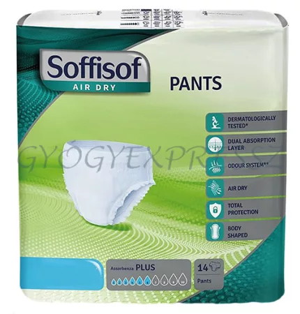 SOFFISOF PANTS PLUS L Inkontinencia fehérnemű nadrágpelenka 110 - 150 cm csípőméretre 14 db